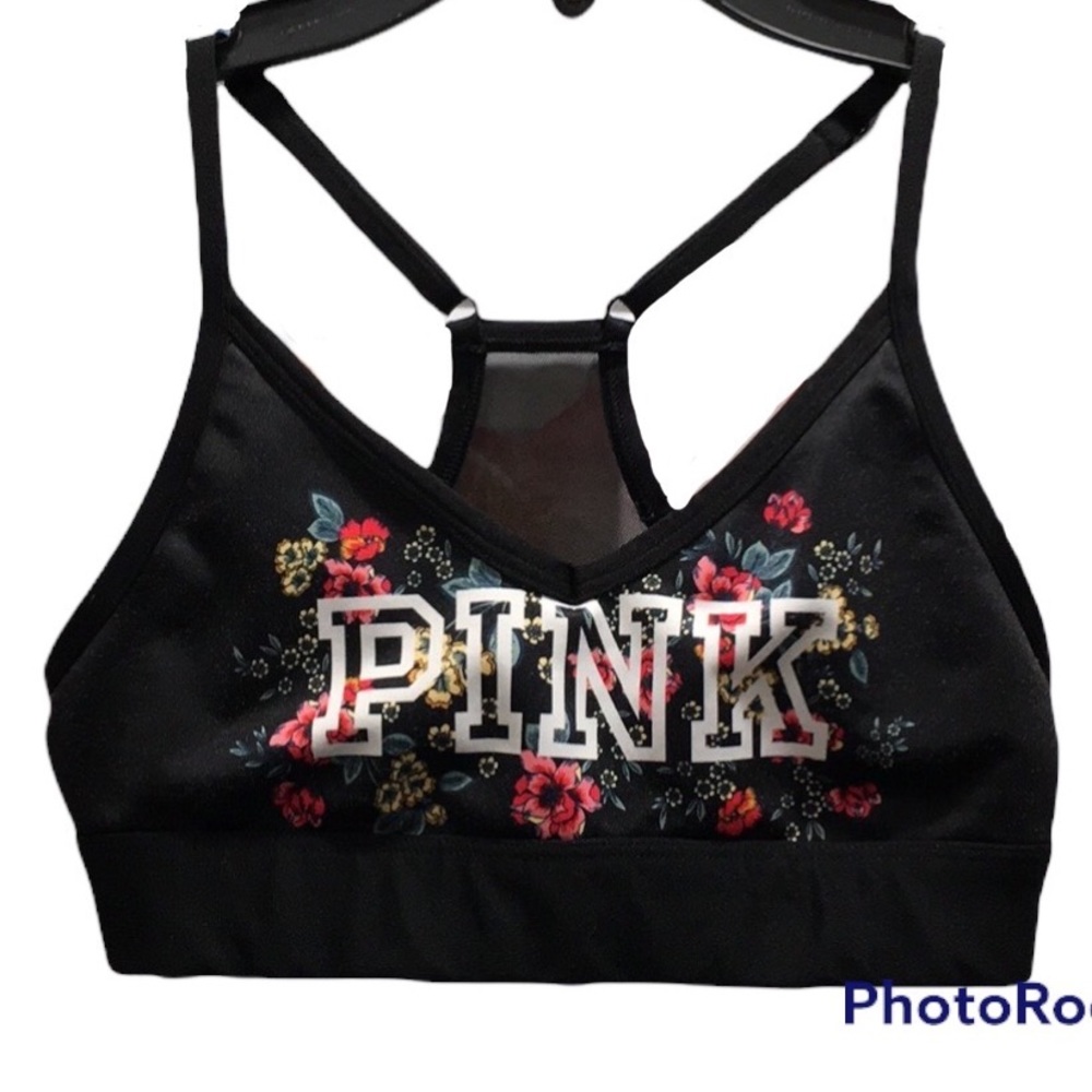 Pink sports bra black with floral size XS